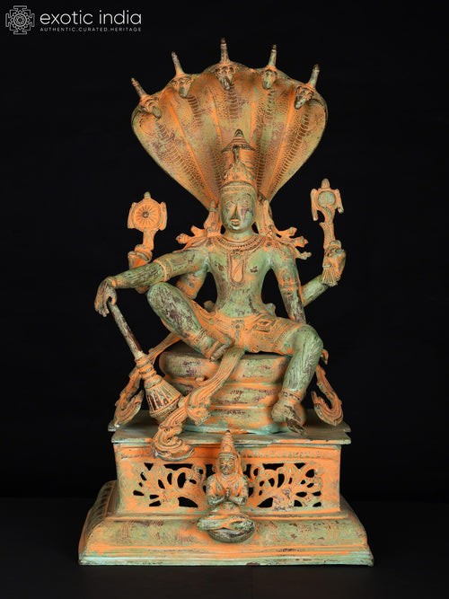 28" Lord Vishnu Seated on Sheshnag Brass Statue for Pooja