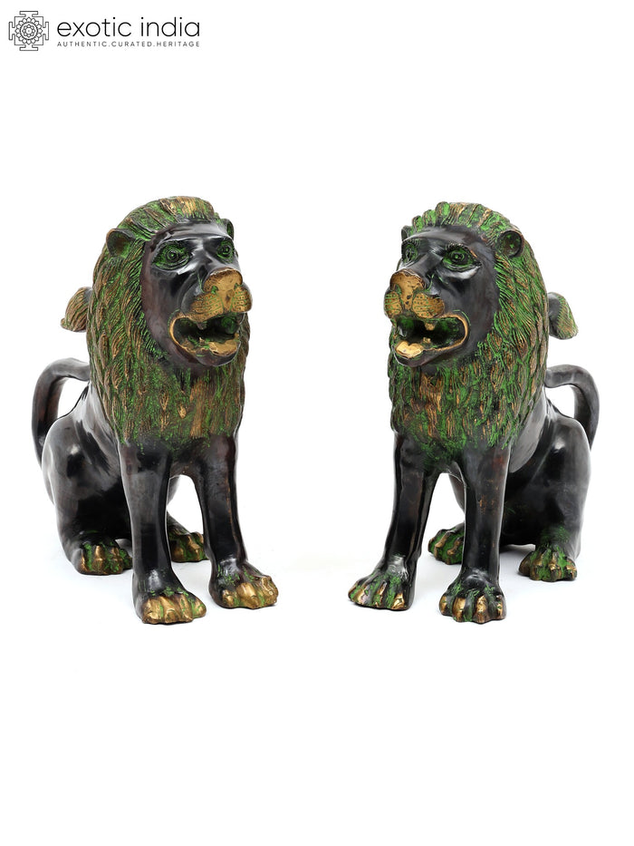 17" Brass Pair of Lions Decorative Statues for Home Decor