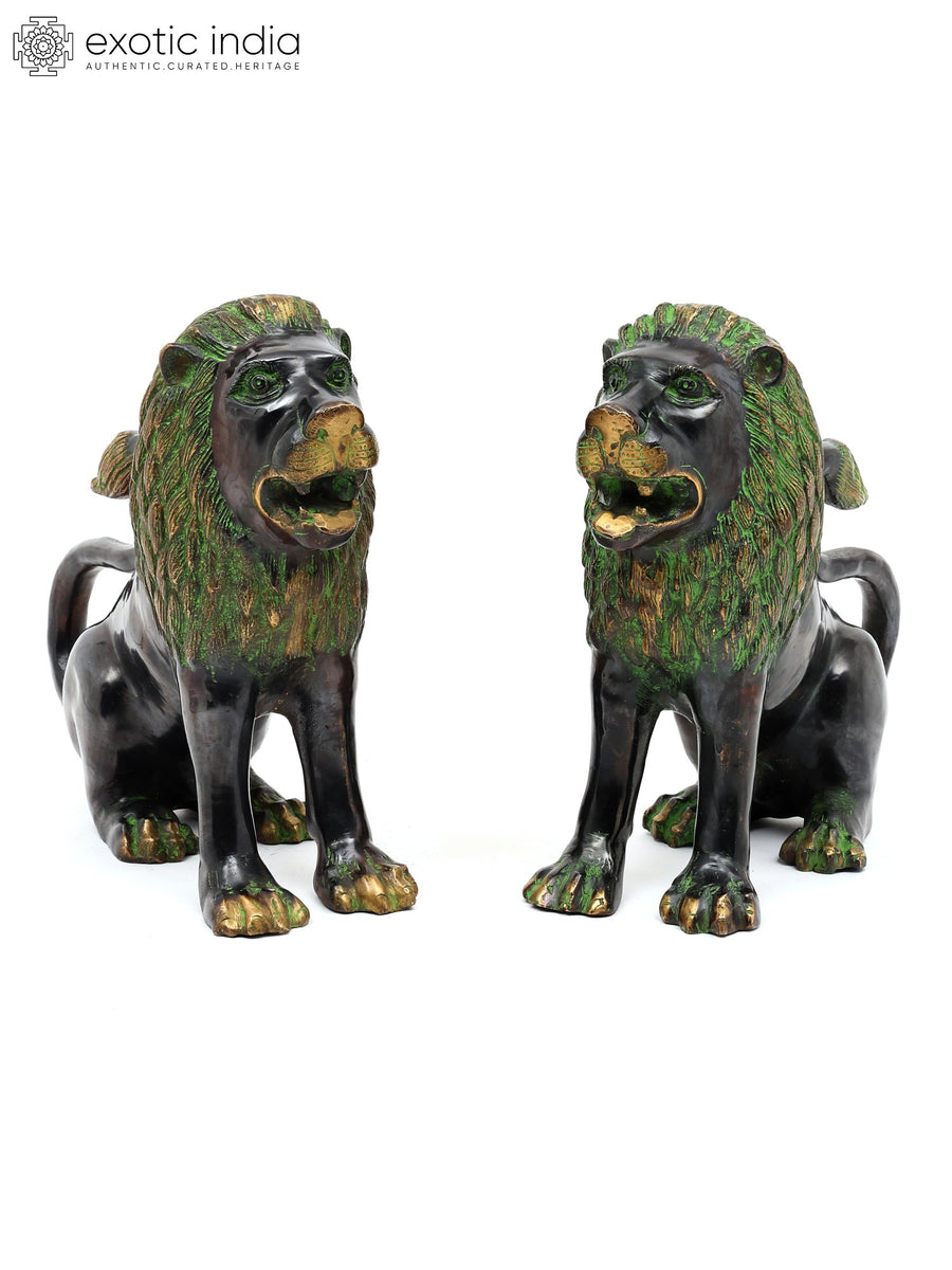 17" Brass Pair of Lions Decorative Statues for Home Decor