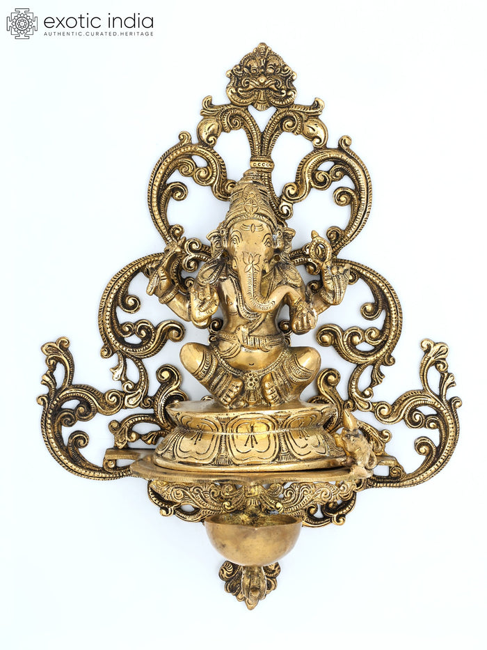 14" Blessing Lord Ganesha with Diya Brass Wall Hanging Statue