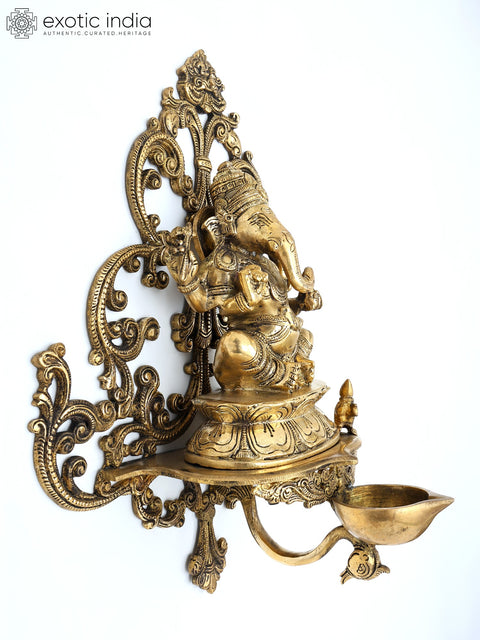 14" Blessing Lord Ganesha with Diya | Wall Hanging Brass Statue