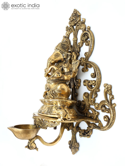 14" Blessing Lord Ganesha with Diya | Wall Hanging Brass Statue