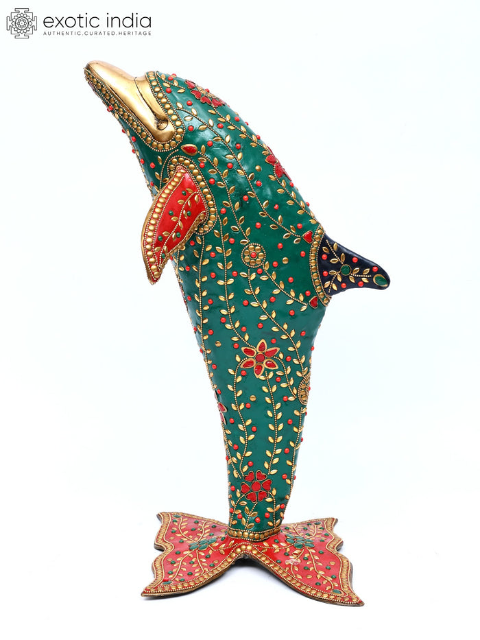 18" Standing Dolphin Brass Statue with Inlay Work