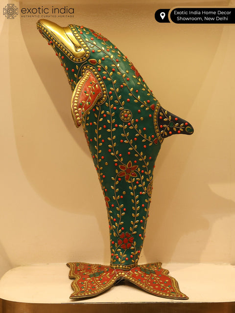 18" Standing Dolphin Statue in Brass with Inlay Work | Table Decor