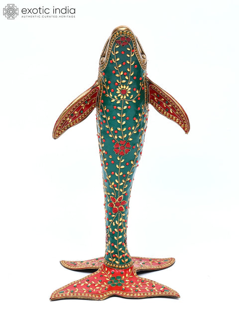 18" Standing Dolphin Statue in Brass with Inlay Work | Table Decor