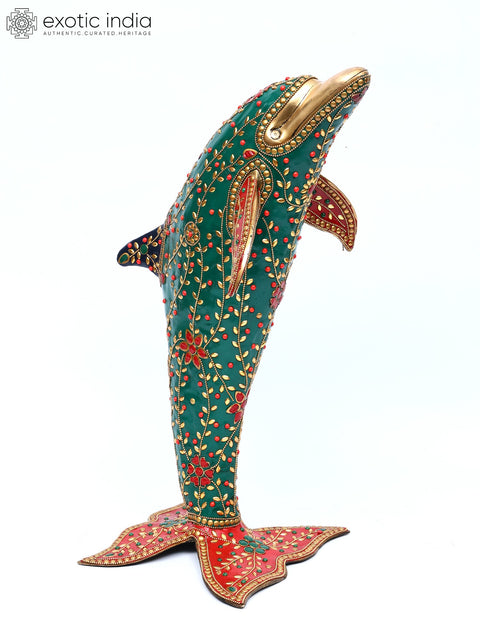 18" Standing Dolphin Statue in Brass with Inlay Work | Table Decor