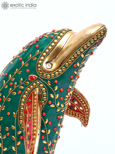 18" Standing Dolphin Statue in Brass with Inlay Work | Table Decor