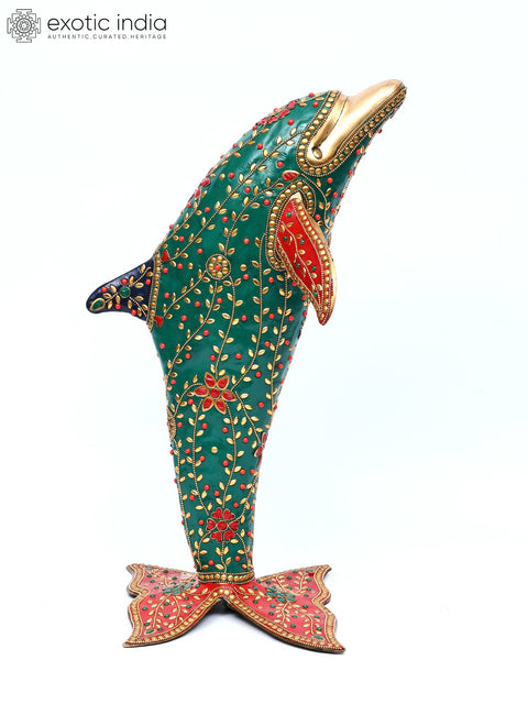 18" Standing Dolphin Statue in Brass with Inlay Work | Table Decor