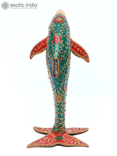 18" Standing Dolphin Statue in Brass with Inlay Work | Table Decor