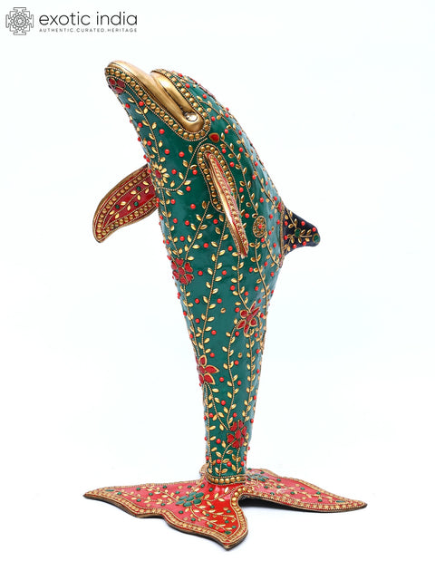 18" Standing Dolphin Statue in Brass with Inlay Work | Table Decor