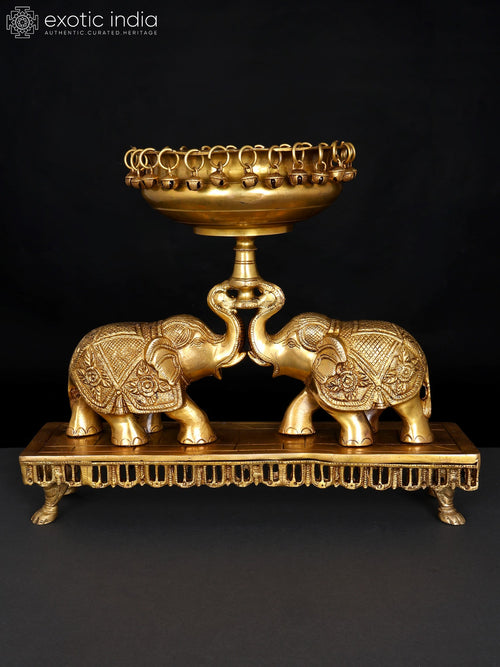 16" Brass Elephant Pair Holding Urli Decorative Showpiece