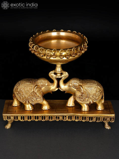 16" Brass Pair of Elephants Holding Urli | Decorative Showpiece