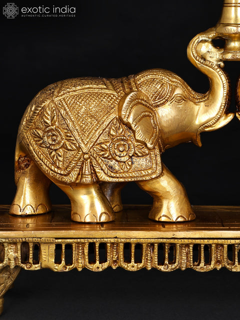 16" Brass Pair of Elephants Holding Urli | Decorative Showpiece