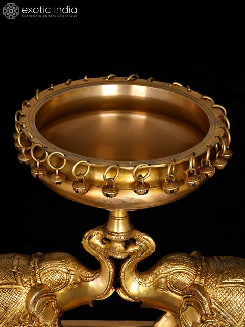 16" Brass Pair of Elephants Holding Urli | Decorative Showpiece