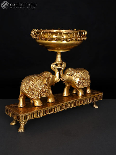16" Brass Pair of Elephants Holding Urli | Decorative Showpiece