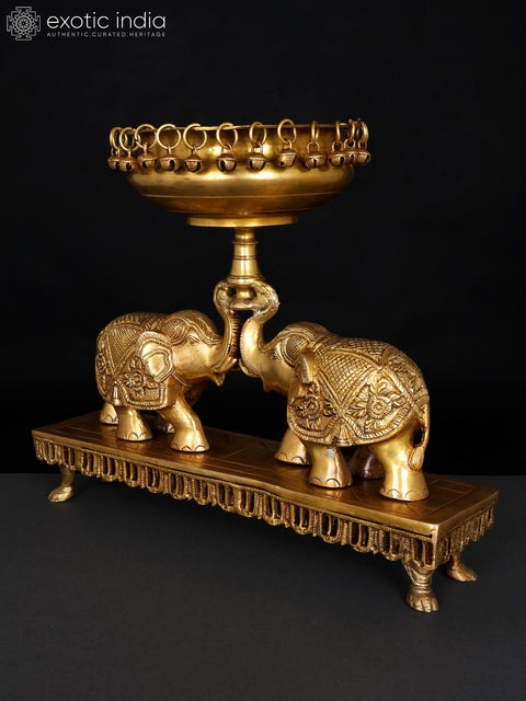 16" Brass Pair of Elephants Holding Urli | Decorative Showpiece