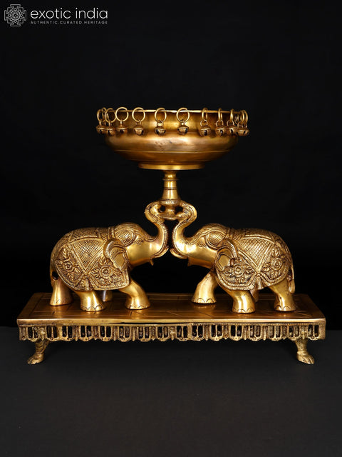16" Brass Pair of Elephants Holding Urli | Decorative Showpiece