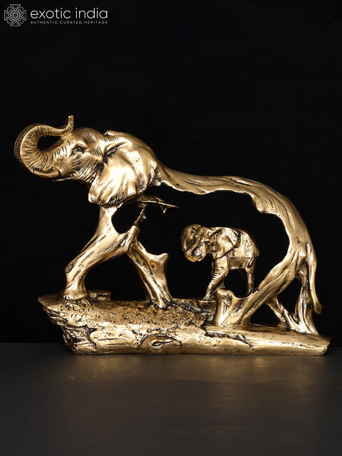 8" Stylized Brass Elephant with Baby Elephant | Table Decor