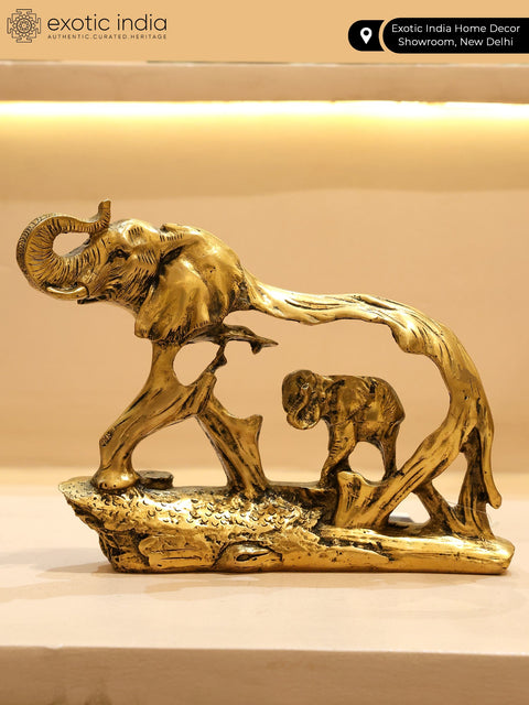 8" Stylized Brass Elephant with Baby Elephant | Table Decor