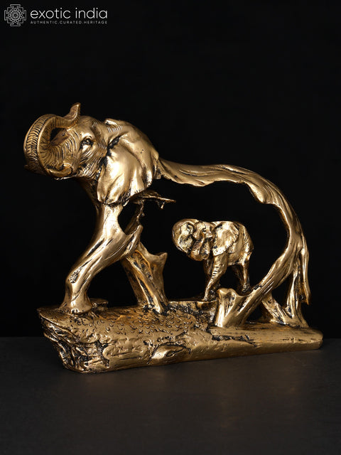 8" Stylized Brass Elephant with Baby Elephant | Table Decor