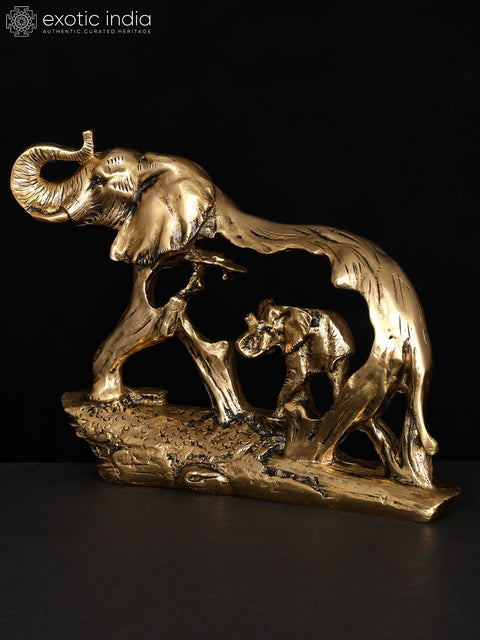 8" Stylized Brass Elephant with Baby Elephant | Table Decor