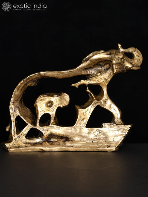 8" Stylized Brass Elephant with Baby Elephant | Table Decor