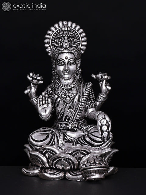 4" Small Superfine Kamalasini Blessing Goddess Lakshmi | Silver Plated Brass Statue