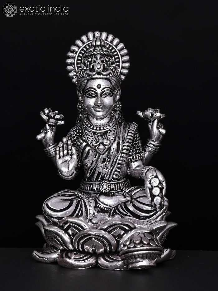 4" Small Superfine Kamalasini Blessing Goddess Lakshmi | Silver Plated Brass Statue