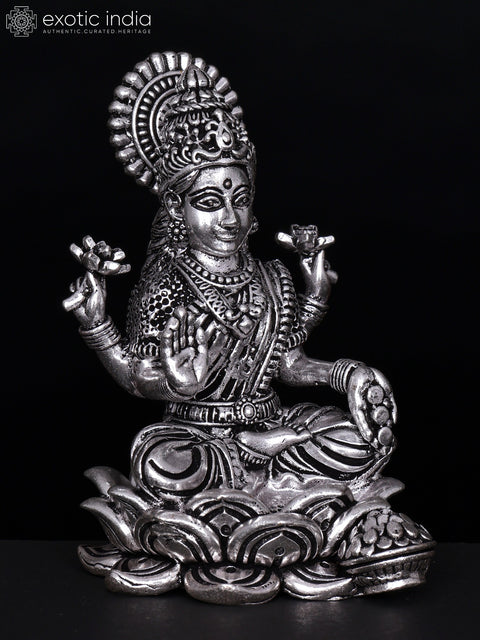 4" Small Superfine Kamalasini Blessing Goddess Lakshmi | Silver Plated Brass Statue
