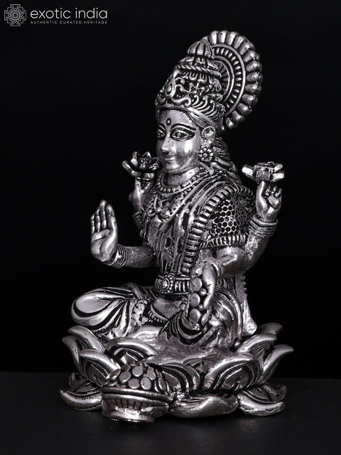 4" Small Superfine Kamalasini Blessing Goddess Lakshmi | Silver Plated Brass Statue