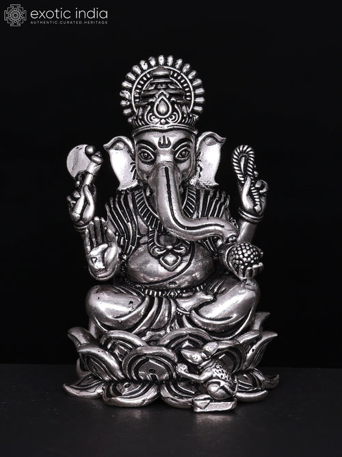 3" Silver Plated Brass Blessing Lord Ganesha Statue