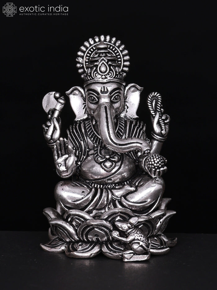 3" Silver Plated Brass Blessing Lord Ganesha Statue