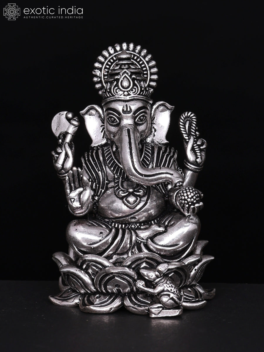 3" Silver Plated Brass Blessing Lord Ganesha Statue