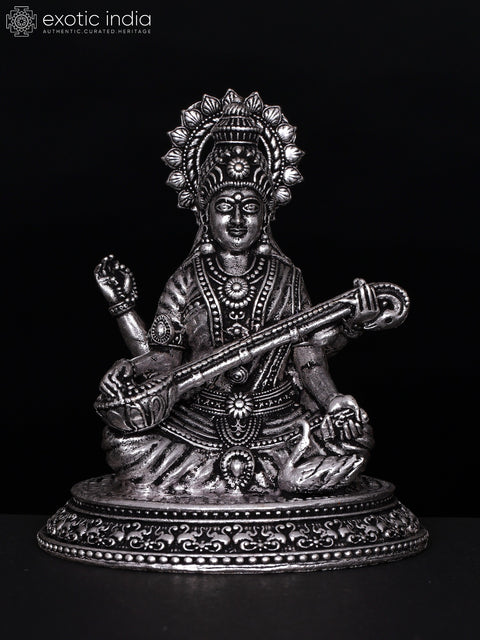 3" Small Superfine Four Armed Goddess Saraswati | Silver Plated Brass Statue