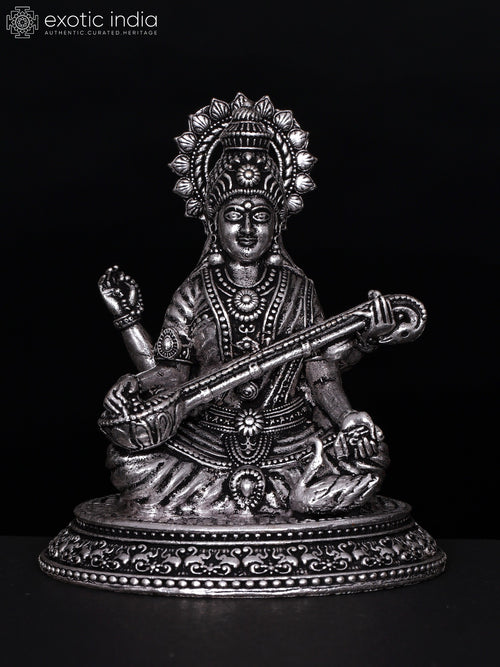 3" Small Superfine Four Armed Saraswati Silver Plated Brass Statue