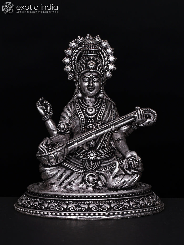 3" Small Superfine Four Armed Goddess Saraswati | Silver Plated Brass Statue