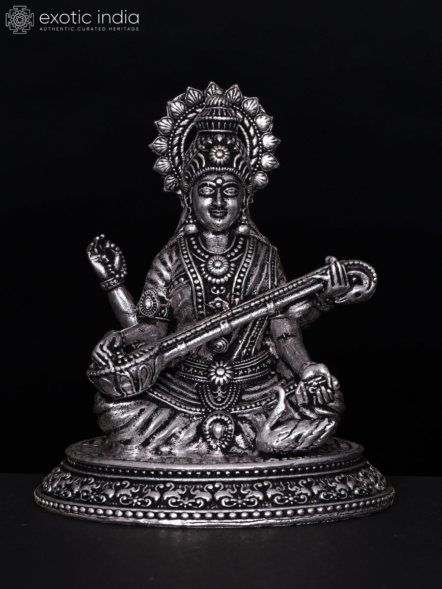 3" Small Superfine Four Armed Saraswati Silver Plated Brass Statue