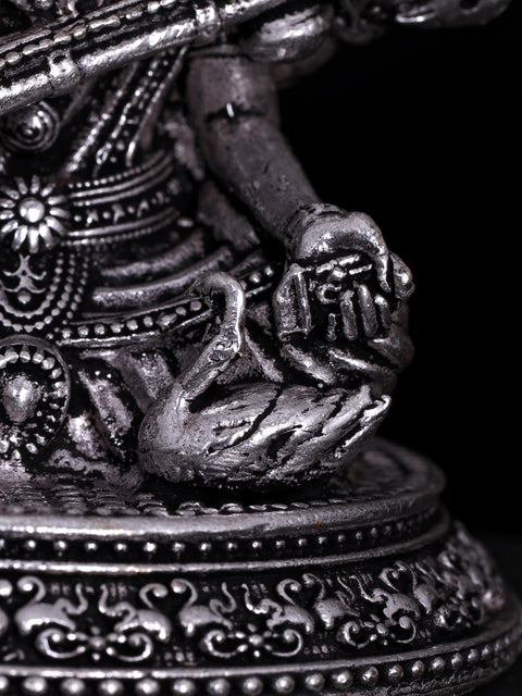 3" Small Superfine Four Armed Goddess Saraswati | Silver Plated Brass Statue