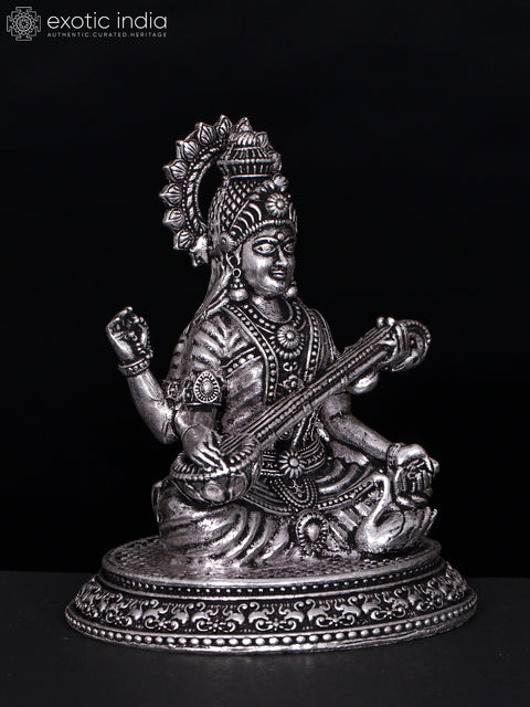 3" Small Superfine Four Armed Goddess Saraswati | Silver Plated Brass Statue