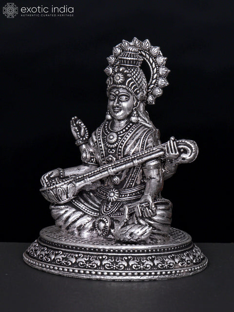 3" Small Superfine Four Armed Goddess Saraswati | Silver Plated Brass Statue