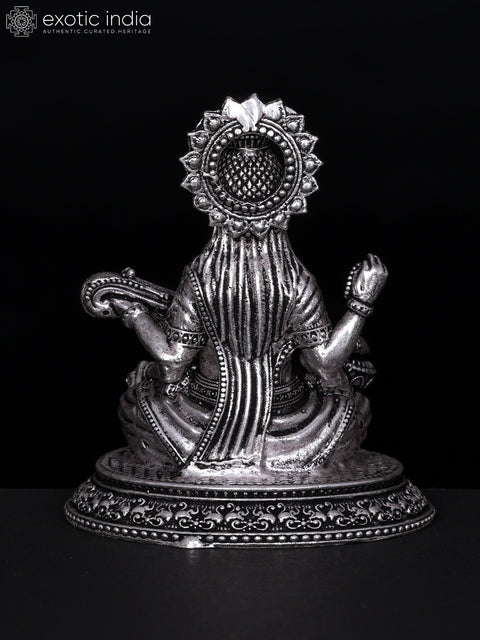 3" Small Superfine Four Armed Goddess Saraswati | Silver Plated Brass Statue