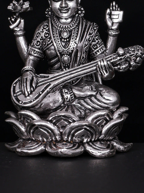 4" Small Superfine Goddess Saraswati Seated on Lotus | Silver Plated Brass Statue