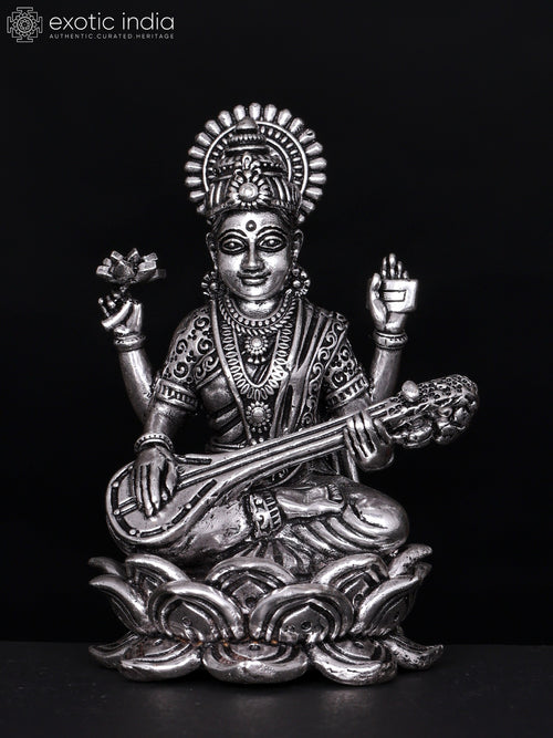 4" Superfine Silver Plated Brass Saraswati Statue on Lotus