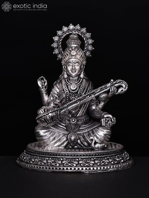 4" Handmade Silver Plated Brass Devi Saraswati Statue