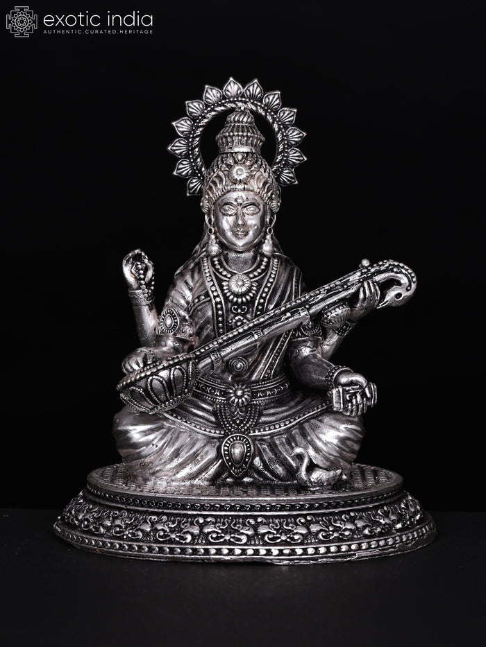 4" Handmade Silver Plated Brass Devi Saraswati Statue