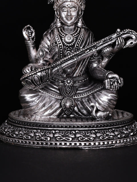 4" Small Superfine Devi Saraswati | Silver Plated Brass Statue