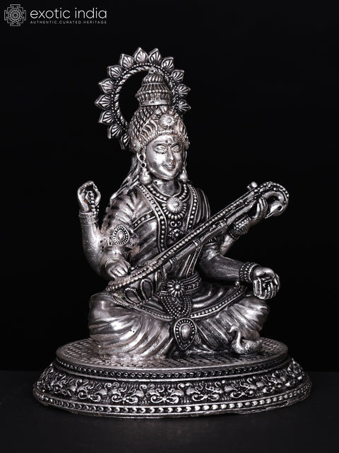 4" Small Superfine Devi Saraswati | Silver Plated Brass Statue