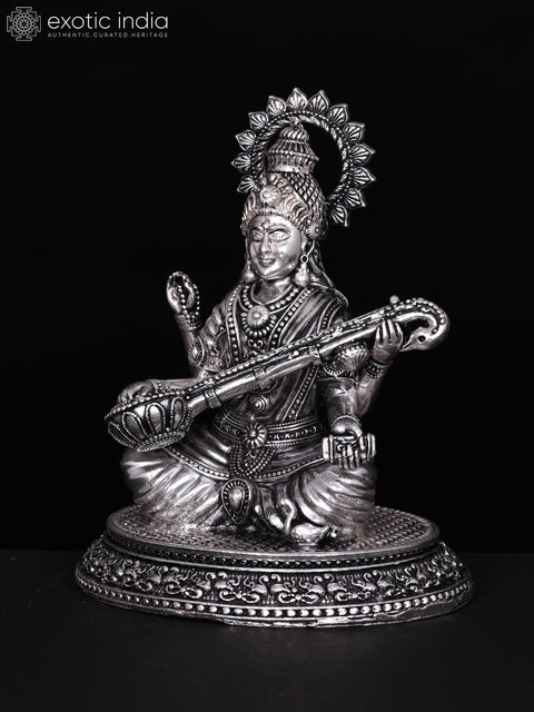 4" Small Superfine Devi Saraswati | Silver Plated Brass Statue