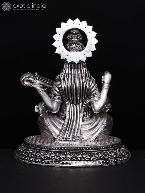 4" Small Superfine Devi Saraswati | Silver Plated Brass Statue
