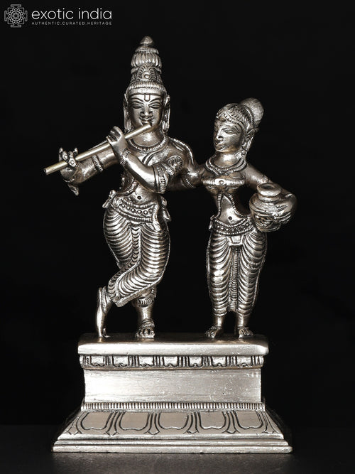 6" Radha Krishna Silver Plated Brass Statue for Home Decor